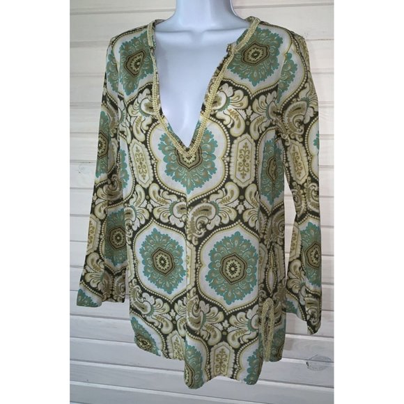 Tommy Bahama Sz SMALL Mandala Khaki Green 100% Cotton Tunic Long Sleeve VGUC - Picture 2 of 9